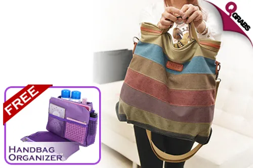 From QR99, Carry It All with Women’s Striped Canvas Messenger Tote Bags - Comes with FREE Travel Organizer Insert! (Up to QR358 Value)
